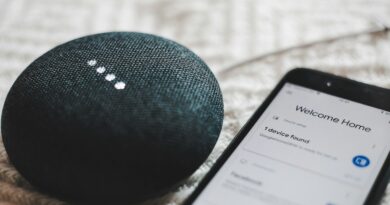 turned-on charcoal Google Home Mini and smartphone