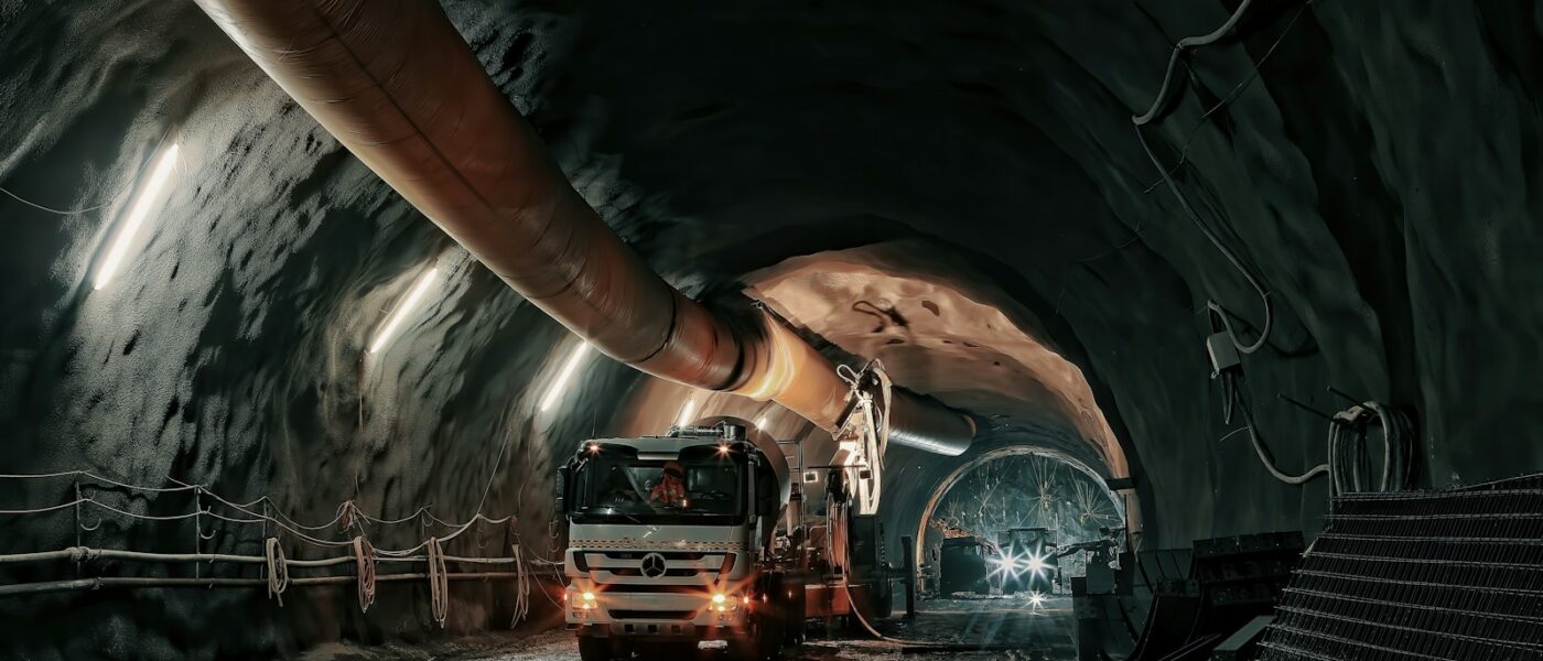 red and black truck in tunnel