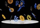 a bunch of bitcoins falling into the air