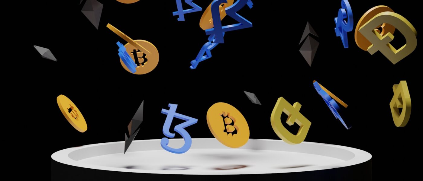 a bunch of bitcoins falling into the air