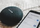 turned-on charcoal Google Home Mini and smartphone