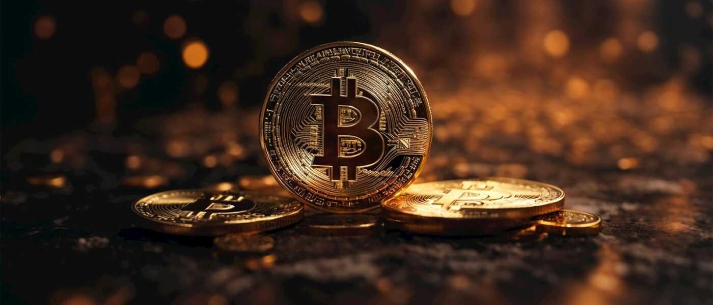 a bitcoin sitting on top of a pile of gold coins