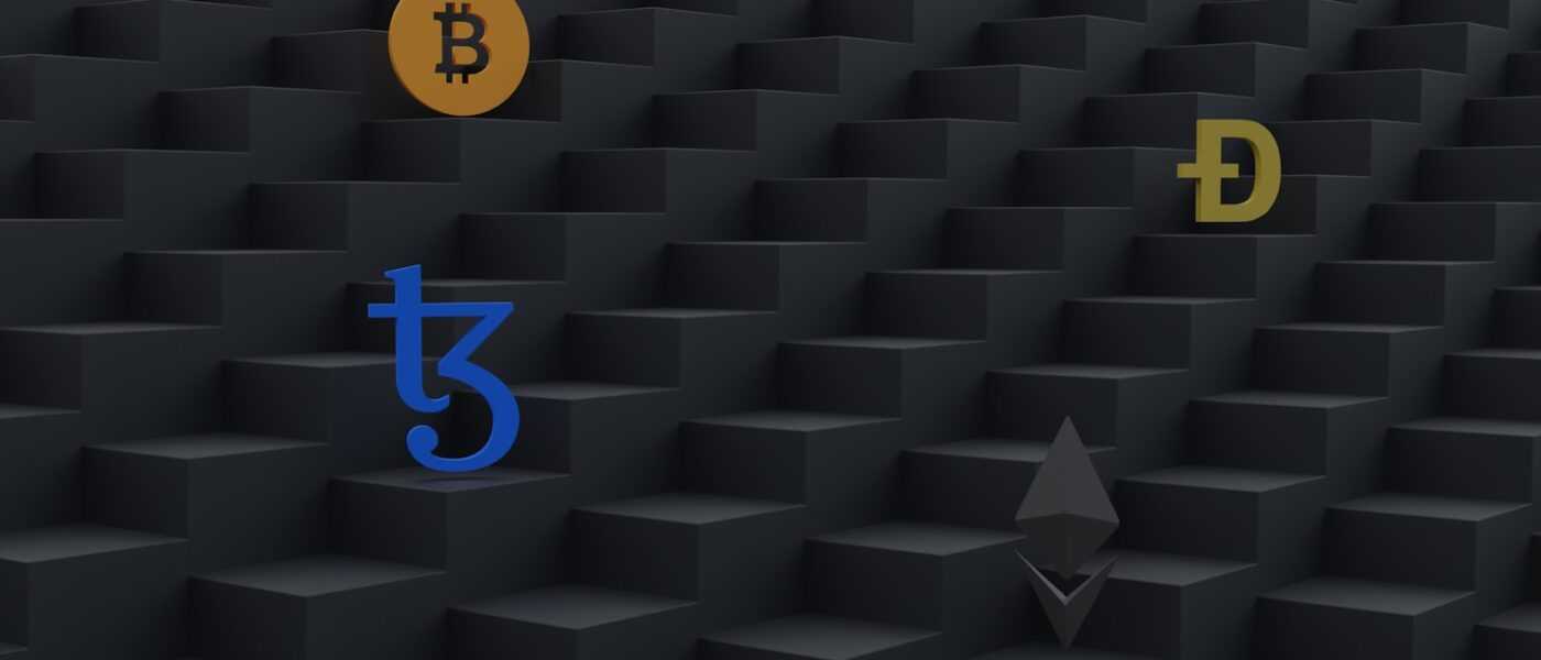 a bunch of different types of bitcoins on a black background