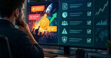 Inwestor analizujący stronę projektu krypto według checklisty ryzyka i tokenomiki