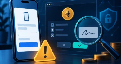 Telefon z formularzem doładowania obok symbolicznego żądania podpisu w portfelu kryptowalutowym.