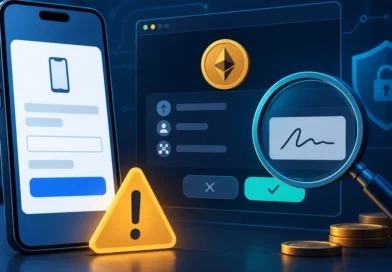 Telefon z formularzem doładowania obok symbolicznego żądania podpisu w portfelu kryptowalutowym.